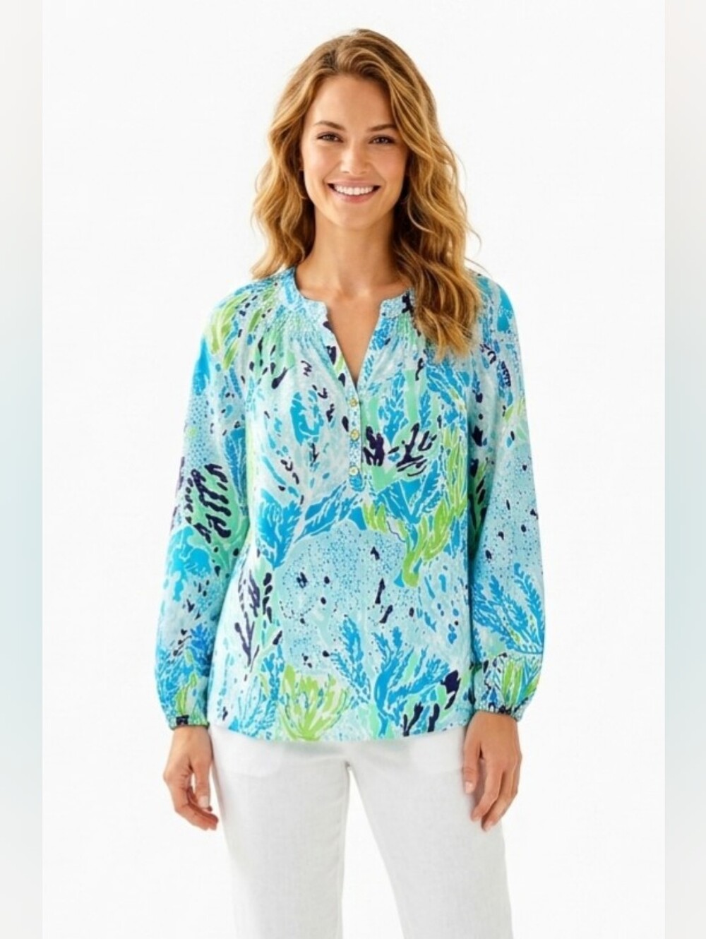 Lilly Pulitzer Blue & Lime Split-Neck Blouse Size XS